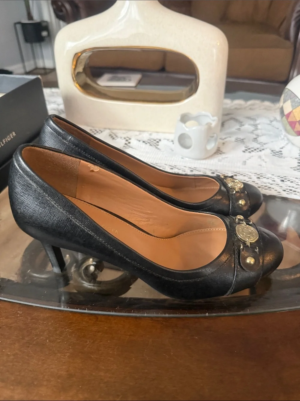 Tommy Hilfiger Black Leather Pumps with Gold Emblem